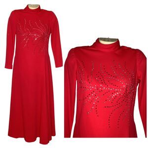 Vintage Dress S/XS Red Maxi Rhinestones Maxi Ling Sleeve Hostess 70s Glam Disco